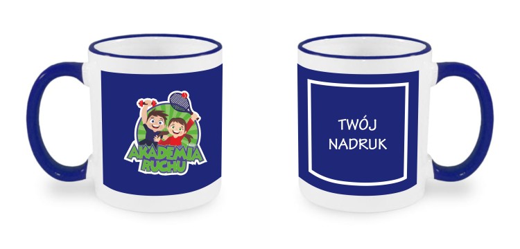 kubek granatowa obwódka logo nadruk