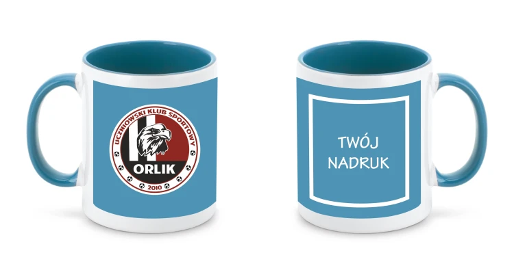 kubek turkusowy logo nadruk